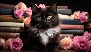 ai generado linda gatito leyendo libro, rodeado por flores en biblioteca generado por ai foto