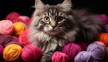 AI generated Cute kitten playing with colorful ball of wool generated by AI photo