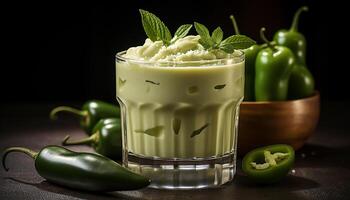 ai generado sano comiendo Fresco orgánico vegetales en un verde mesa generado por ai foto