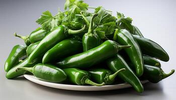 AI generated Fresh, organic, vegetarian meal green chili pepper salad on plate generated by AI photo