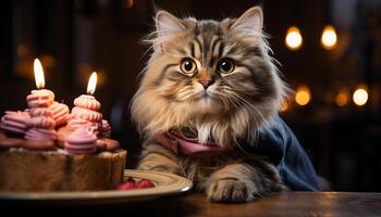 ai generado linda gatito sentado en mesa, iluminado por vela fuego generado por ai foto