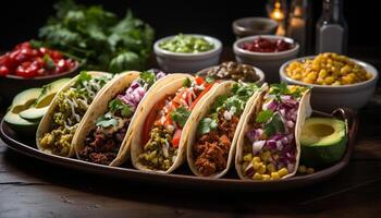 ai generado frescura y especia en un de madera mesa guacamole, tacos, carne generado por ai foto