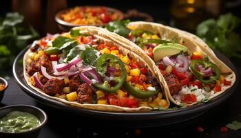 AI generated Homemade gourmet taco grilled beef, fresh guacamole, tomato, and cilantro generated by AI photo