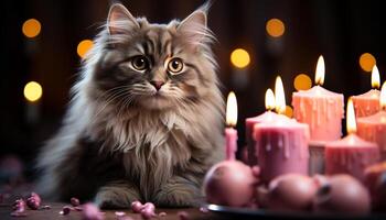 AI generated Cute kitten sitting by candle, celebrating night with love generated by AI photo