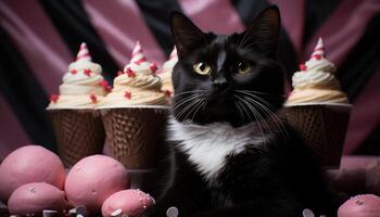 ai generado linda gatito complacer en chocolate, celebrando cumpleaños con regalos generado por ai foto