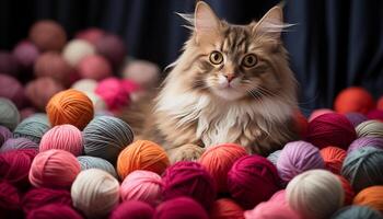 AI generated Cute kitten playing with colorful homemade wool ball generated by AI photo
