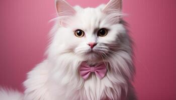 AI generated Cute kitten staring, fluffy fur, playful, pink background, love generated by AI photo