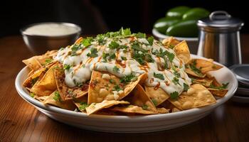 ai generado Fresco guacamole en un tortilla chip, un sabroso aperitivo generado por ai foto