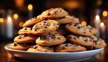 ai generado indulgente hecho en casa chocolate chip galletas en rústico de madera mesa generado por ai foto