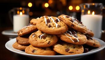 AI generated A stack of homemade chocolate chip cookies on a wooden table generated by AI photo