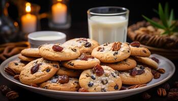 ai generado hecho en casa chocolate chip galletas en rústico de madera mesa generado por ai foto