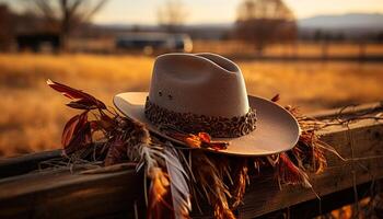 ai generado mujer en Paja sombreros disfrutar el puesta de sol en un rural escena generado por ai foto