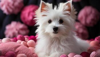 AI generated Cute puppy sitting, looking at camera, fluffy fur, playful nature generated by AI photo