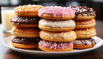 ai generado un apilar de hecho en casa donas, tentador indulgencia en un plato generado por ai foto