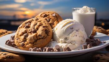 ai generado frescura en mesa hecho en casa postre, gastrónomo chocolate chip Galleta generado por ai foto