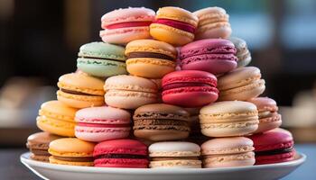 AI generated A stack of colorful macaroons, a French gourmet delight generated by AI photo