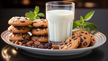 ai generado hecho en casa chocolate chip galletas en rústico mesa, tentador indulgencia generado por ai foto