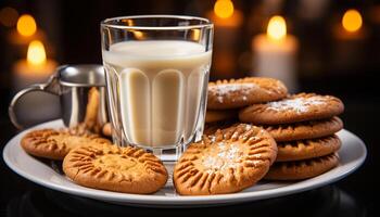 AI generated Homemade chocolate chip cookies on rustic wood table generated by AI photo