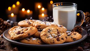 AI generated A stack of homemade chocolate chip cookies on rustic table generated by AI photo