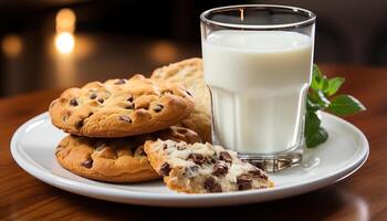 ai generado hecho en casa chocolate chip Galleta en de madera mesa con Leche generado por ai foto