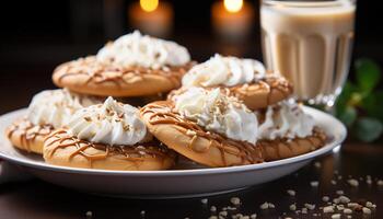 AI generated Homemade dessert Freshly baked chocolate cookie with whipped cream generated by AI photo