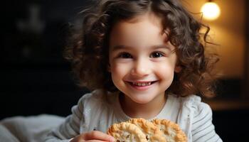 ai generado sonriente niño, linda y alegre, mirando a cámara, adentro generado por ai foto