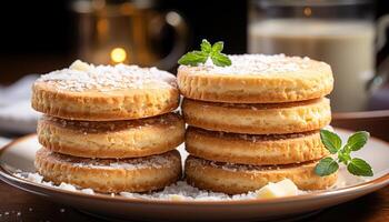 AI generated Homemade pancake stack with chocolate syrup and fresh berries generated by AI photo