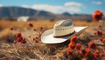 ai generado un sereno prado, un Paja sombrero, y un vaquero aventuras generado por ai foto