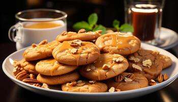 AI generated Freshly baked chocolate chip cookies on a rustic wooden table generated by AI photo