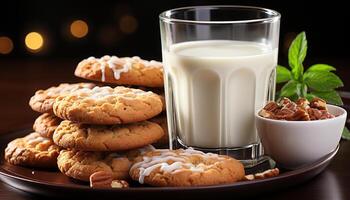 ai generado hecho en casa chocolate chip galletas en rústico de madera mesa, Leche cerca generado por ai foto