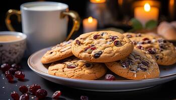 AI generated Freshly baked homemade chocolate chip cookies on a rustic table generated by AI photo