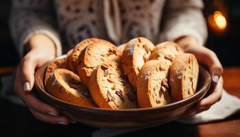 AI generated A homemade chocolate chip cookie stack on a rustic table generated by AI photo