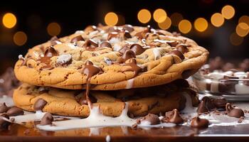 AI generated Homemade chocolate chip cookies, stacked high on rustic wooden table generated by AI photo