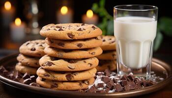 AI generated Stack of homemade chocolate chip cookies on rustic wooden table generated by AI photo