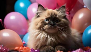 AI generated Cute kitten celebrates birthday with playful balloon decoration generated by AI photo
