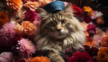 ai generado linda gatito sentado en mesa, rodeado por vistoso flores generado por ai foto