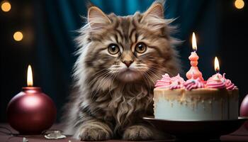 AI generated Cute kitten sitting by candlelight, celebrating birthday with chocolate generated by AI photo