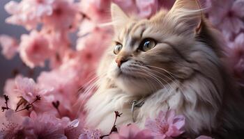 ai generado linda gatito sentado en césped, mirando a rosado flor generado por ai foto