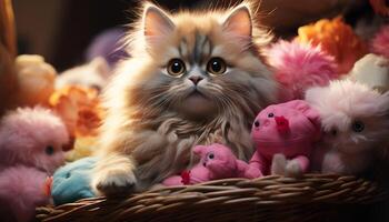 AI generated Cute kitten playing with toy, sitting in fluffy basket generated by AI photo