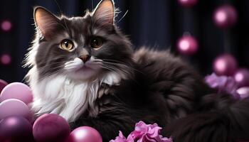 AI generated Cute kitten sitting, looking at camera, surrounded by flowers generated by AI photo
