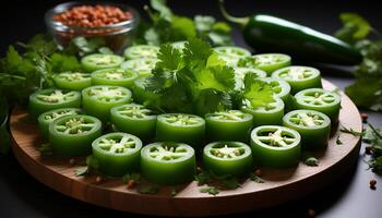 AI generated Fresh, organic vegetables on wooden cutting board create healthy meal generated by AI photo