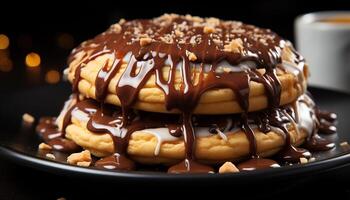 AI generated A stack of fluffy pancakes with chocolate syrup and fruit generated by AI photo