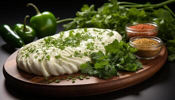 AI generated Freshness and healthy eating on a wooden table, organic ingredients generated by AI photo