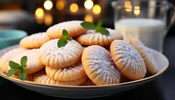 AI generated Homemade dessert Freshly baked chocolate shortbread cookie with mint leaf generated by AI photo