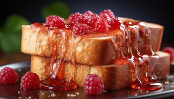 ai generado hecho en casa postre Fresco frambuesa rebanada en rústico de madera plato generado por ai foto