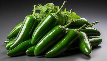 AI generated Fresh, organic, green chili peppers add spice to vegetarian meals generated by AI photo