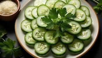 AI generated Fresh vegetarian salad with cucumber, tomato, and healthy greens generated by AI photo