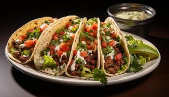 ai generado delicioso carne de vaca taco con guacamole, cilantro, y tomate en tortilla generado por ai foto