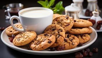 ai generado un apilar de hecho en casa chocolate chip galletas en un de madera mesa generado por ai foto