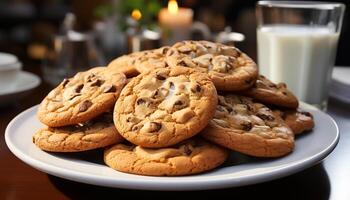 AI generated Freshly baked homemade chocolate chip cookies on a rustic wooden table generated by AI photo